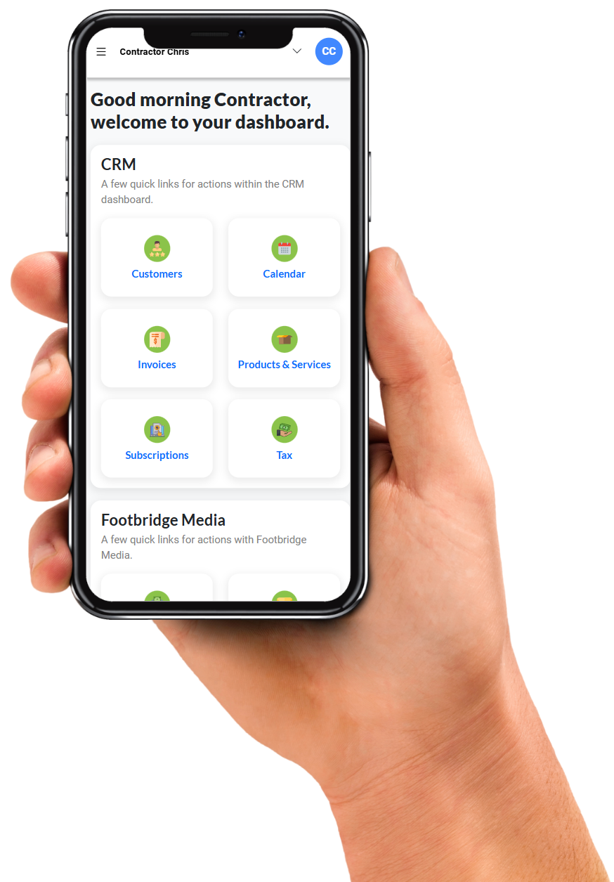 A mobile phone with the Footbridge Media Client Dashboard on screen